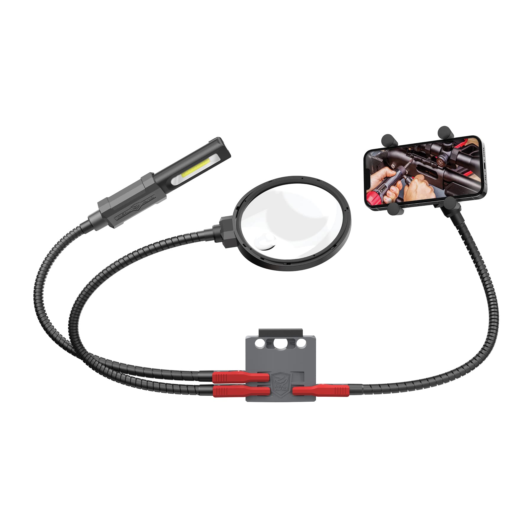 Real Avid Smart-Assist Accessory System - 180 Lumen Work Light, 5-Inch Magnifying Glass & Phone Holder | Perfect for Gunsmithing, DIY Repairs & Crafting Projects