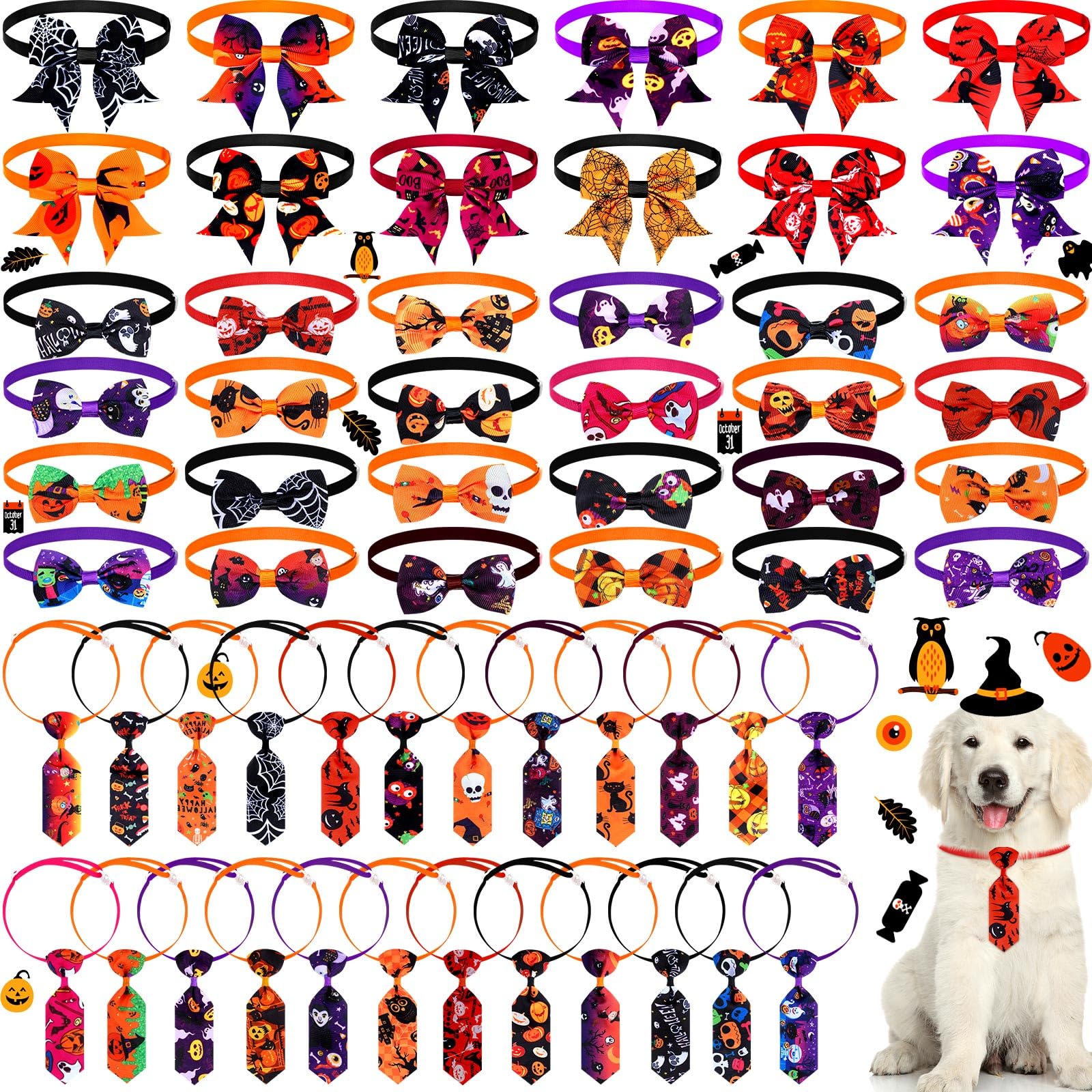 60 Pcs Halloween Dog Bows & Collars - Adjustable Pumpkin Ghost Bow Ties for Small Medium Dogs - 24 Neckties & 24 Bowties with 12 Bowknots - Perfect for Halloween Pet Costumes, Parties & Photo Shoots