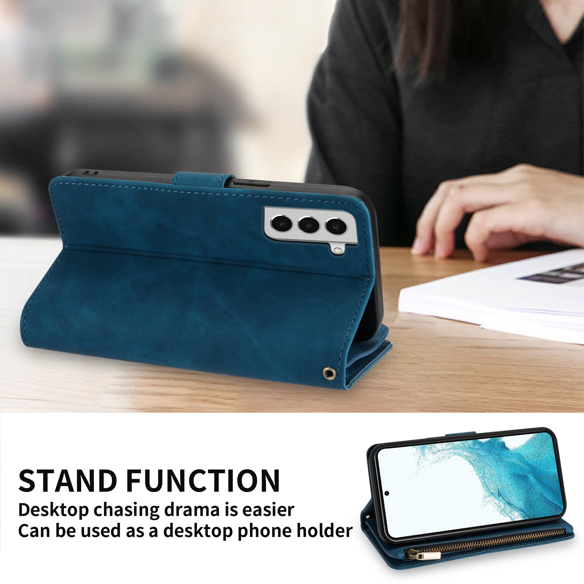 Premium Soft PU Leather Zipper Flip Wallet Case for Samsung Galaxy S22 (6.1 Inch) - Card Slots, Wrist Strap & Kickstand | Protective Cover for Everyday Use, Travel & Business Meetings (Blue)