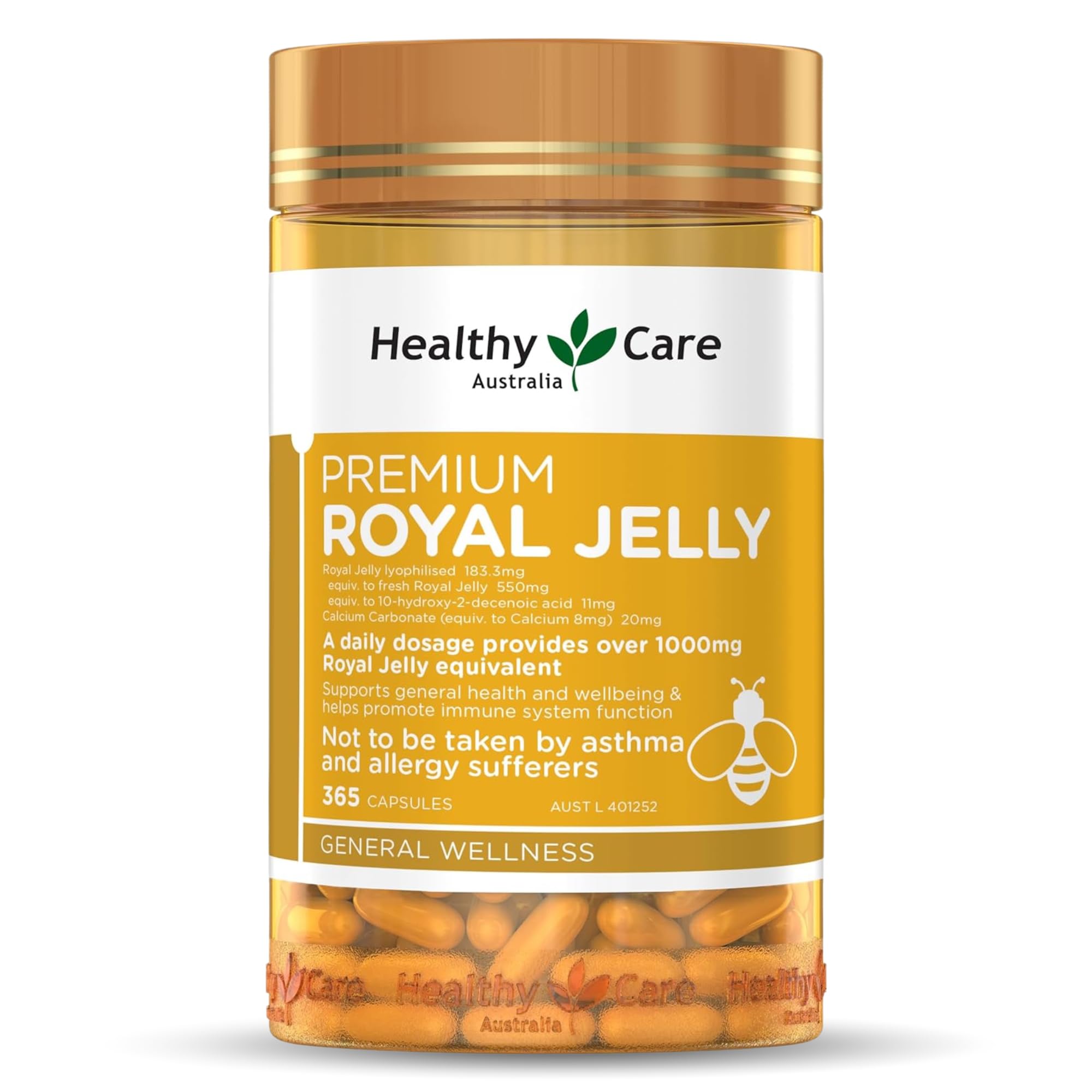 Healthy Care Royal Jelly 1000mg 365 Capsules - Premium Australian Made Bee Pollen Supplement for Immune Support & Energy Boost - Daily Wellness for Adults & Seniors