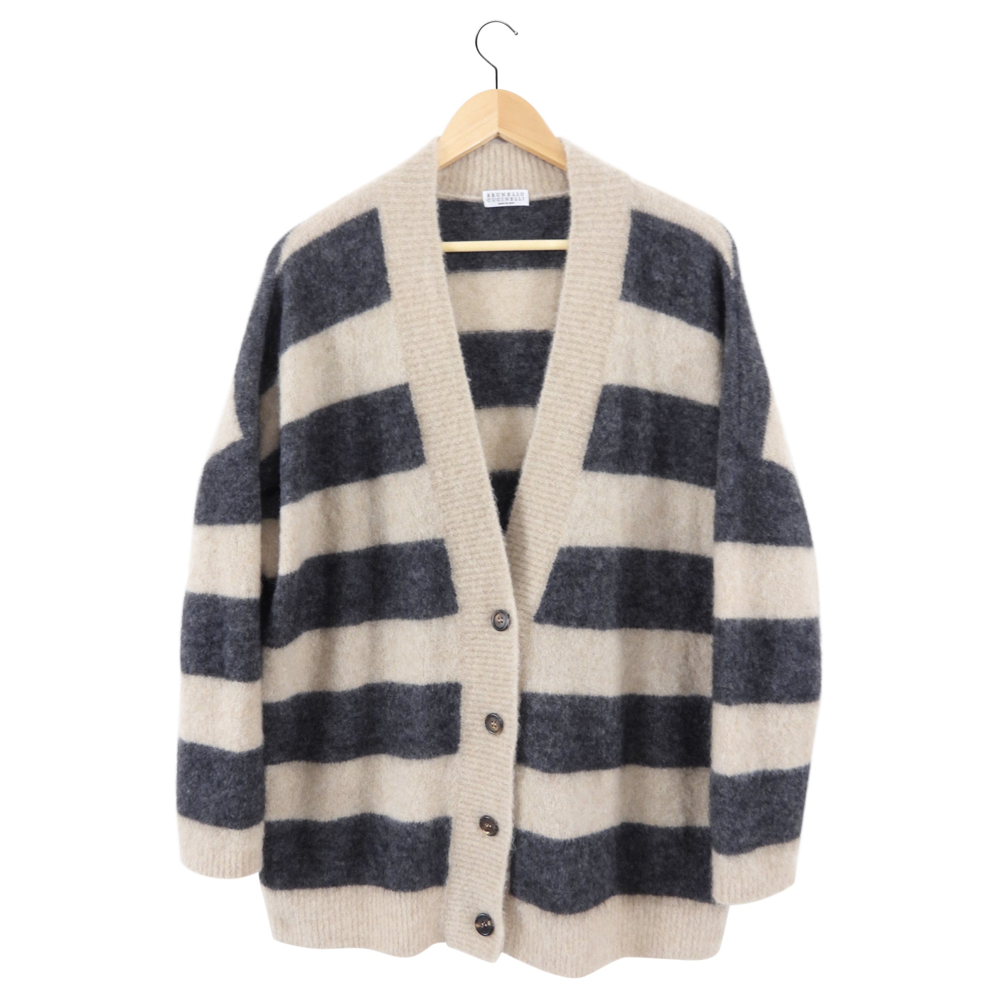 Brunello Cucinelli Beige & Grey Striped Mohair Cardigan Sweater for Women - Soft Luxury Knitwear for Office, Dinner & Fall Layering