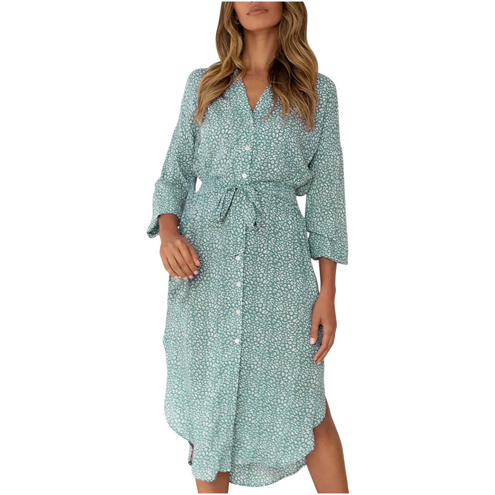 YZHM Women's Leopard Print Collared Button Down Shirt Dress - Long Sleeve Tie Waist Casual Midi Dress for Office, Date Night & Spring Outfits