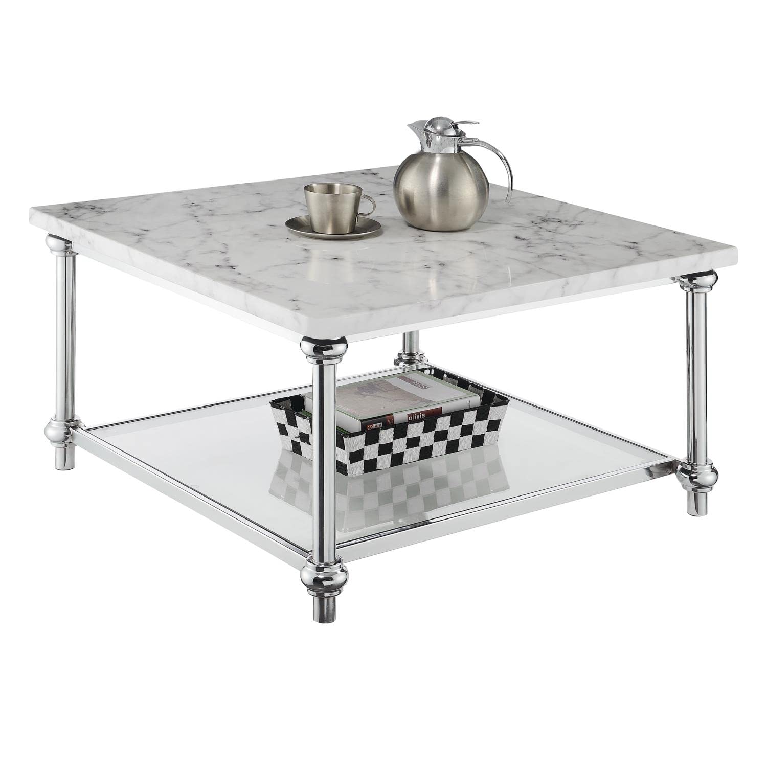 Convenience Concepts Roman II Square Coffee Table - Faux White Marble & Chrome Finish | Modern Living Room Centerpiece for Home Decor
