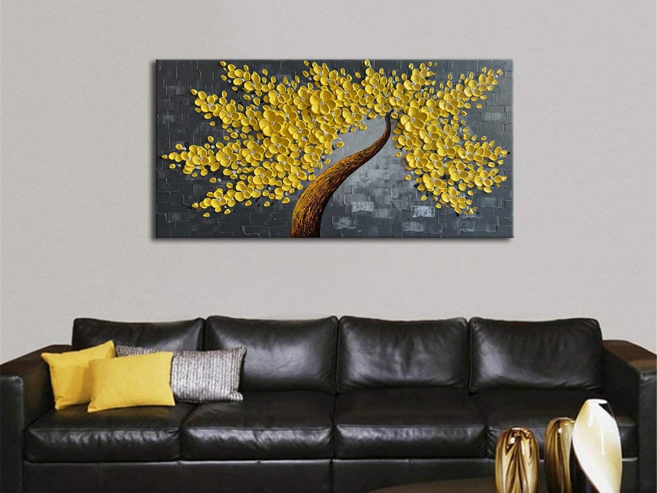 Alenoss Hand Painted Yellow Floral Oil Painting on Canvas - 48x24 Inches Large Abstract Wall Art for Living Room, Bedroom & Office Decor | Modern Home Decorations & Unique Gift Idea