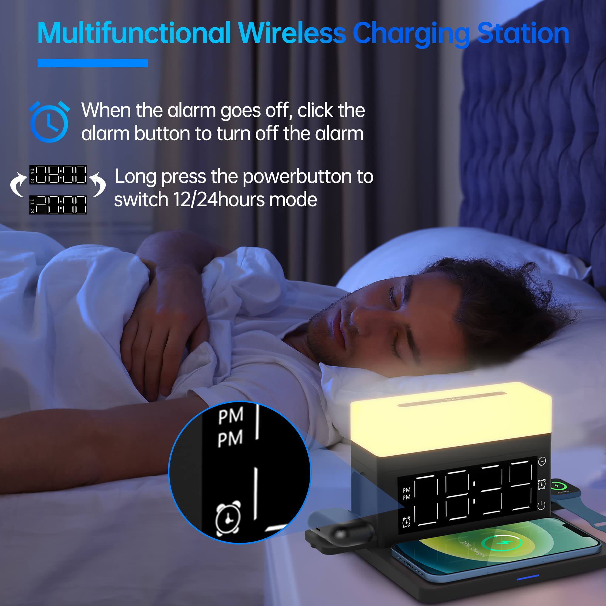 6-in-1 Wireless Charging Station with Digital Alarm Clock & Night Light - 15W Fast Charger for iPhone 14/13/12/11/XS, Samsung Galaxy, AirPods & Apple Watch - Perfect for Bedside, Office & Travel (Black)