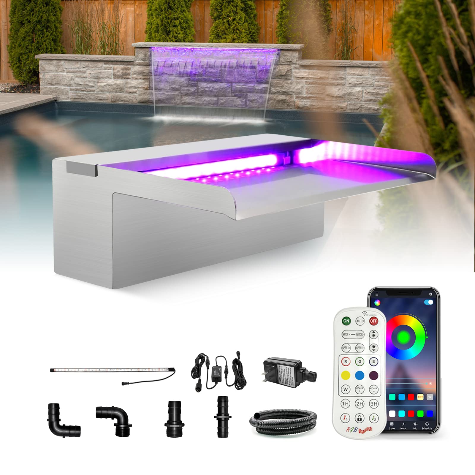 LONGRUN Stainless Steel Waterfall Spillway with APP Control & Multi-Color LED Lights - Outdoor Pool Fountain, Koi Pond Waterfall Kit for Garden, Patio, and Swimming Pool Decoration (11.8 Inch) - Perfect for Backyard Landscaping, Water Features, and Relaxing Outdoor Ambiance
