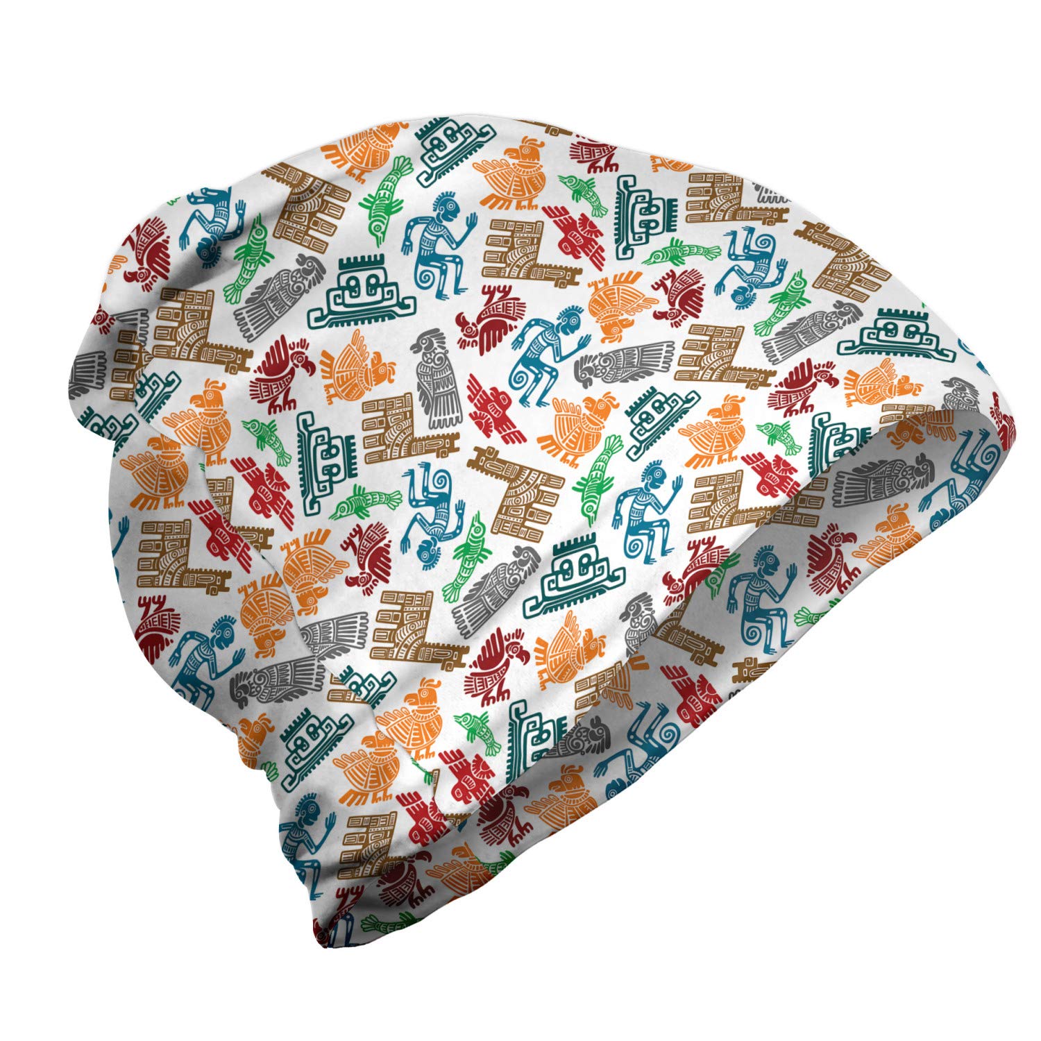 Ambesonne Unisex Winter Beanie - Mayan & Aztec Tribal Pattern Knit Hat for Men & Women - Warm Fleece Lined Skull Cap for Hiking, Camping & Outdoor Activities in Cold Weather
