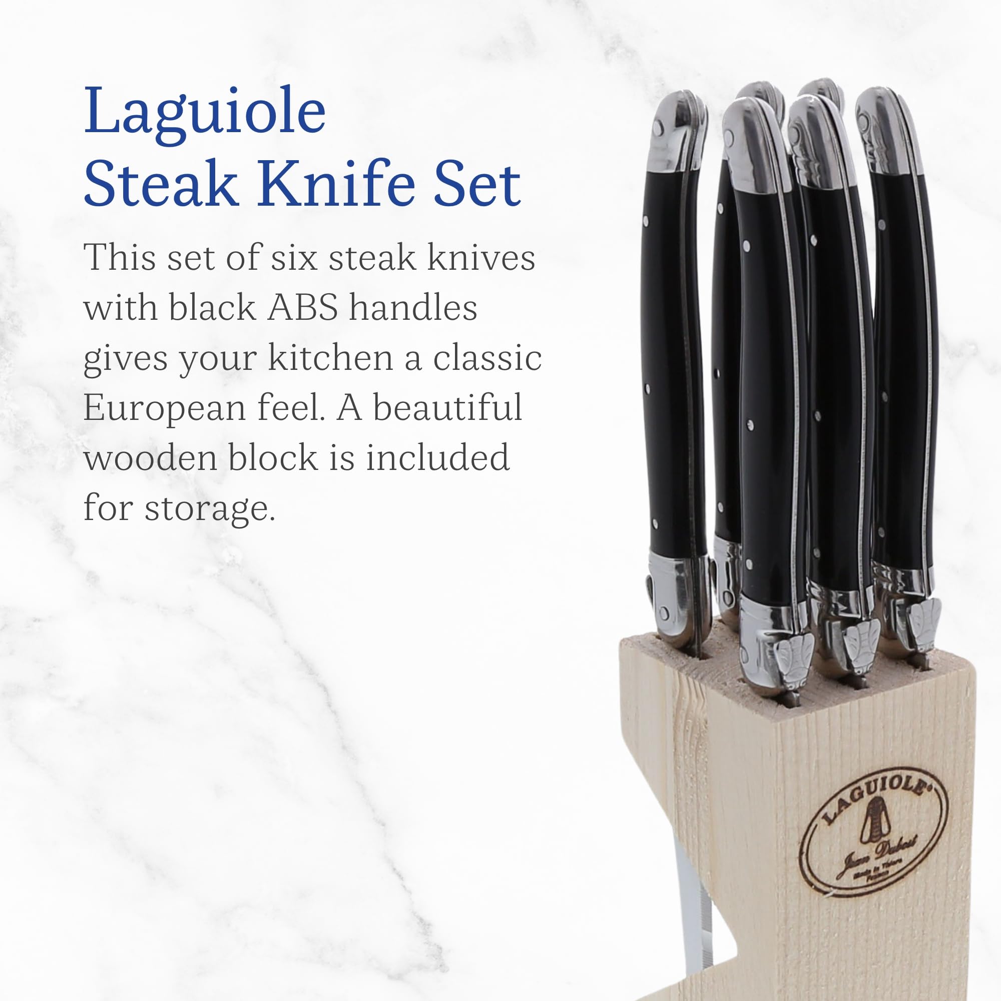Premium Jean Dubost Laguiole 6-Piece Steak Knife Set with Black Handles - 1.2mm Rust-Resistant Stainless Steel Blades - Includes Wooden Storage Block - Made in France - Perfect for Steak Dinners, BBQ Parties & Gourmet Kitchen Gifts