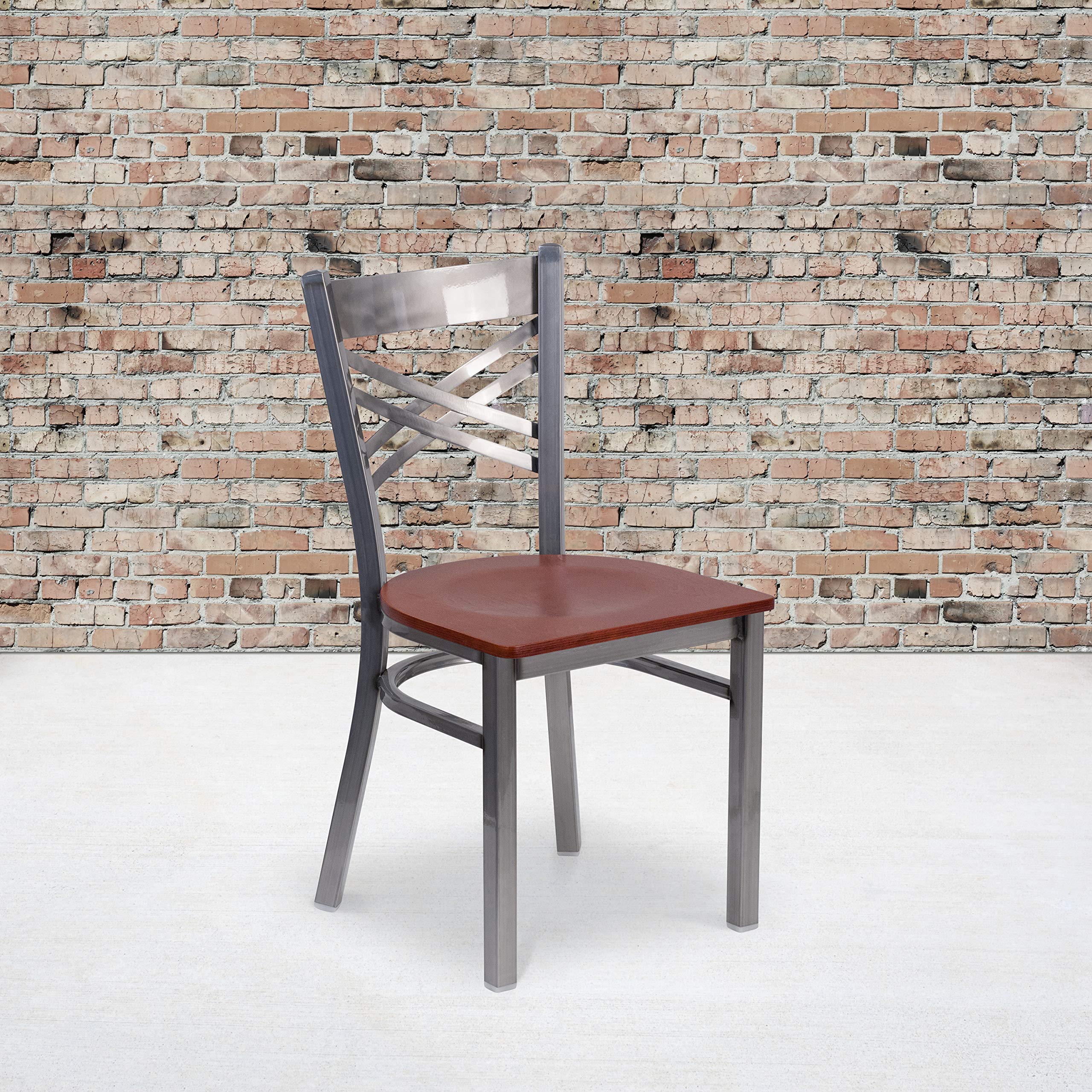 EMMA & OLIVER Clear Coated X-Back Metal Restaurant Chair with Cherry Wood Seat - Durable Commercial Dining Furniture for Cafes, Bistros and Home Kitchens