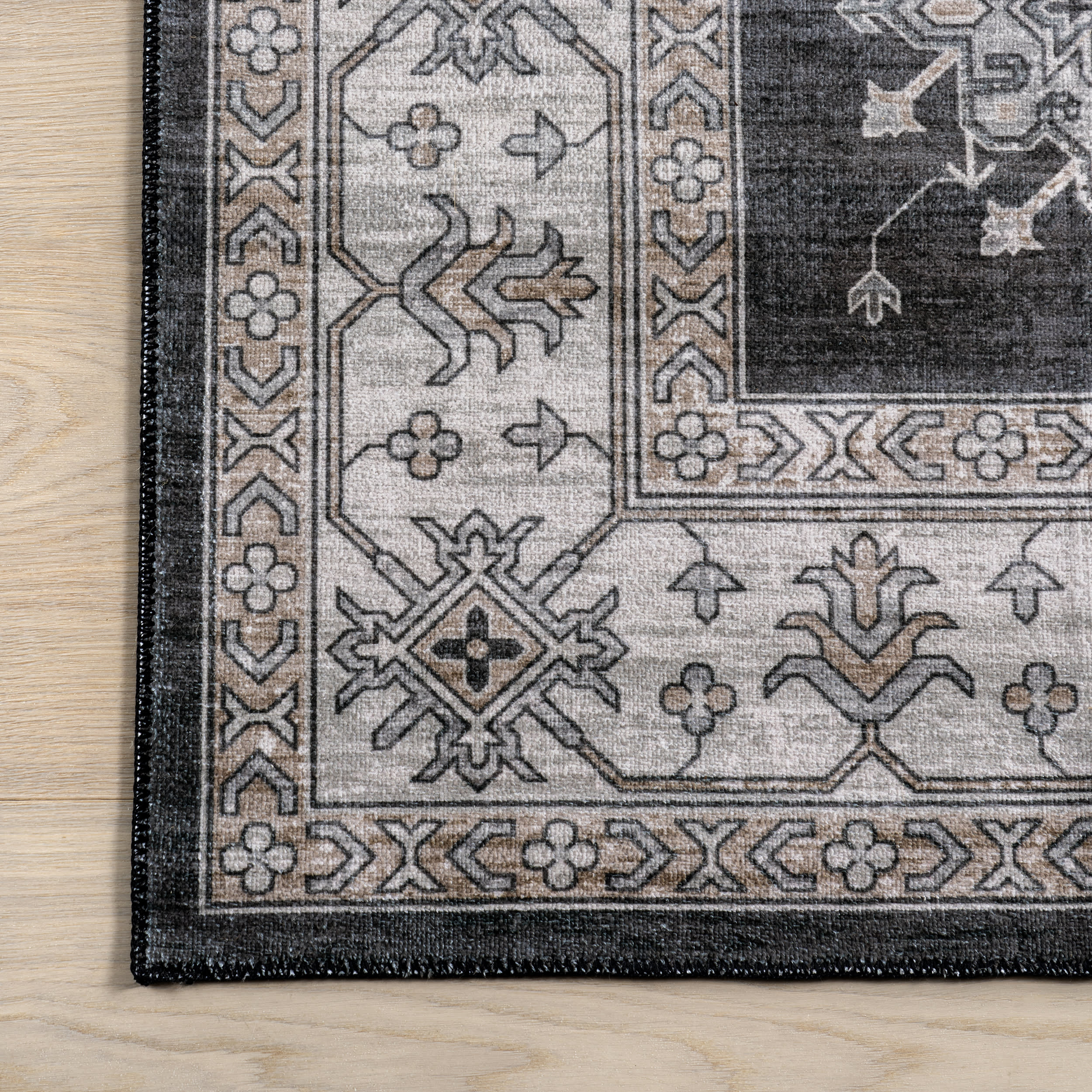 Andrea Bordered Washable Rug - Soft Non-Slip Indoor/Outdoor Carpet - Charcoal Grey - Perfect for Living Room, Bedroom, or Patio Decor