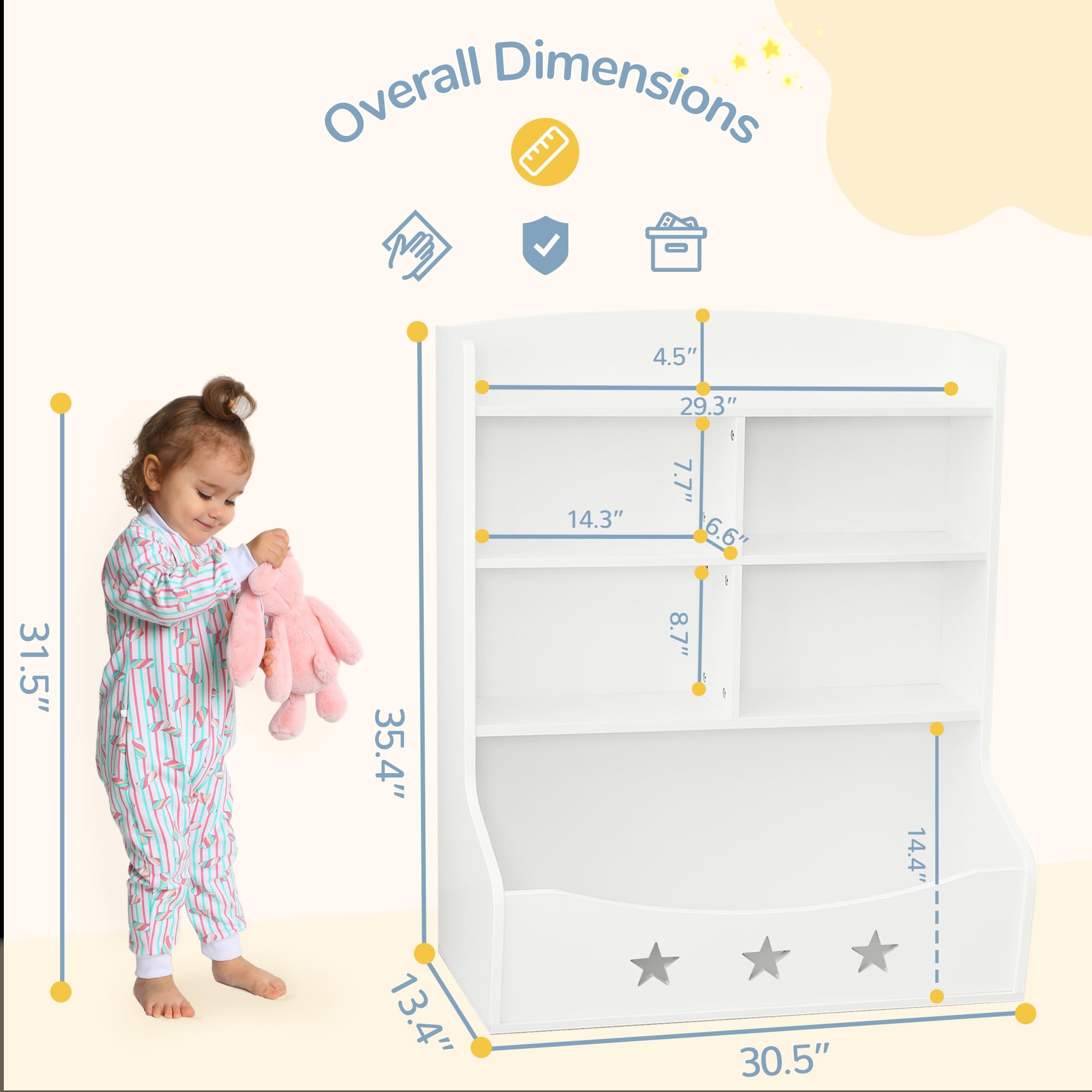 Kids Wooden Bookshelf - 3.5-Tier Bookcase with 5 Cube Storage & Star Pattern | Nursery, Playroom & Bedroom Organizer for Toys & Books | Durable White Toy Storage Cabinet for Kids' Room Decor & Learning Space