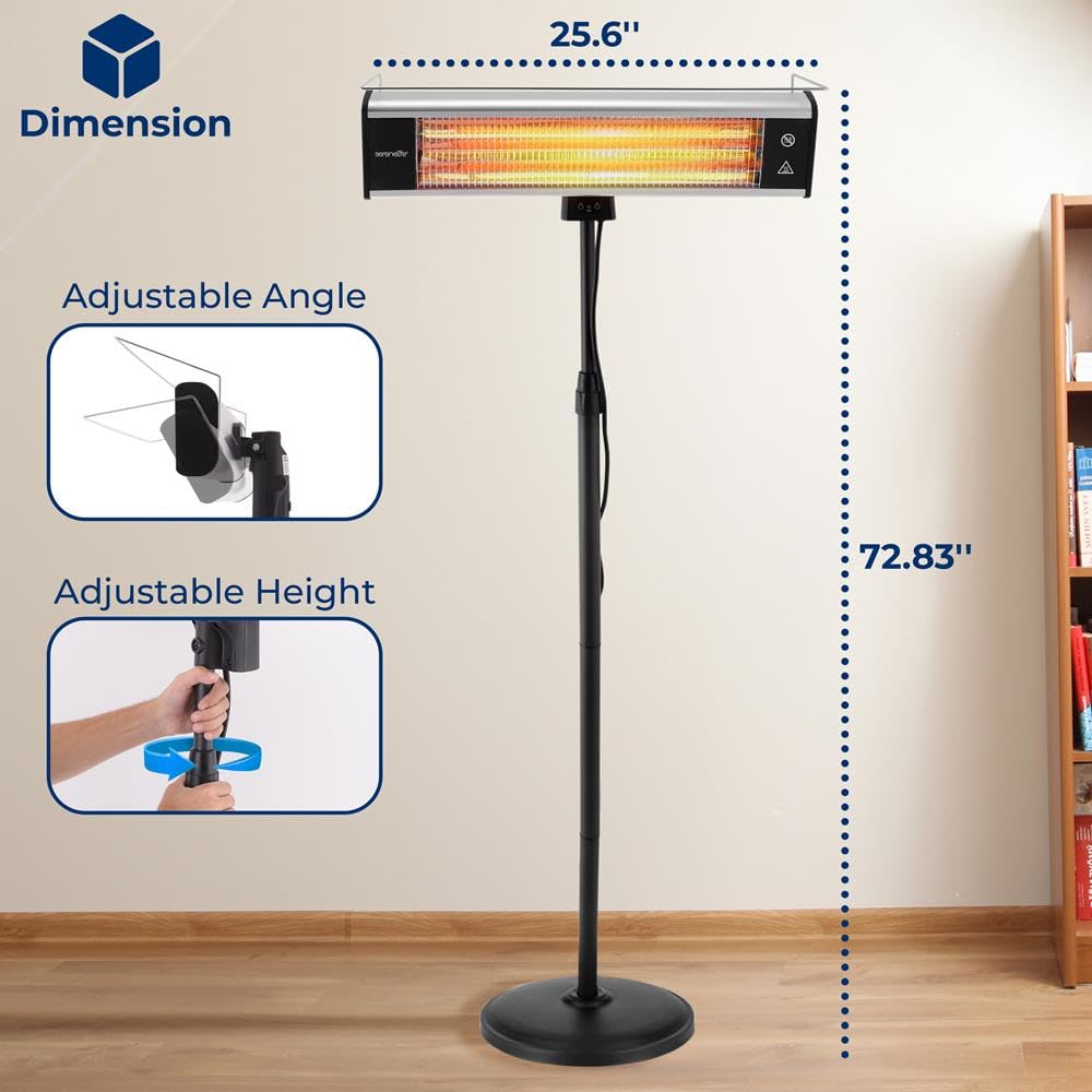 SereneLife 1500W Infrared Patio Heater with Remote Control - Indoor Outdoor Electric Heater, Portable Standing Heater with 360° Tip-Over Safety & IP65 Rating - Perfect for Restaurants, Patios, Backyards, Garages, Decks, and Outdoor Gatherings