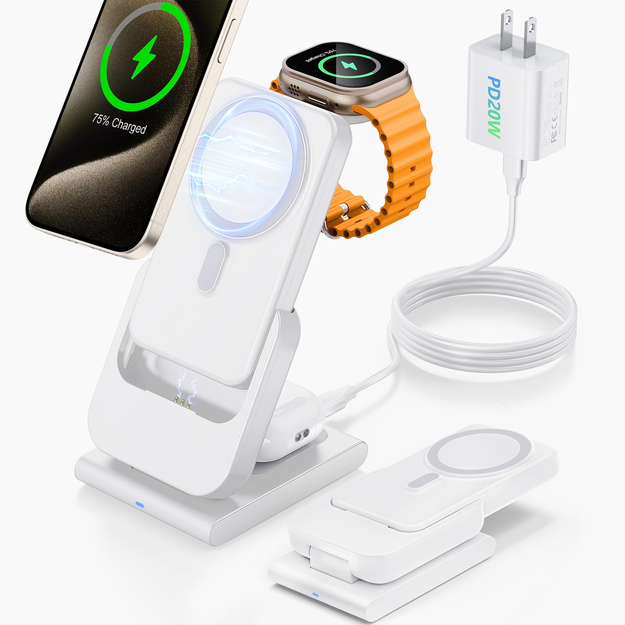 RORRY 3-in-1 Magnetic Wireless Charging Station with 10000mAh Detachable Power Bank - Foldable Magsafe Charger for iPhone 15/14/13, Apple Watch & AirPods (White) | Perfect for Travel, Office & Nightstand Charging