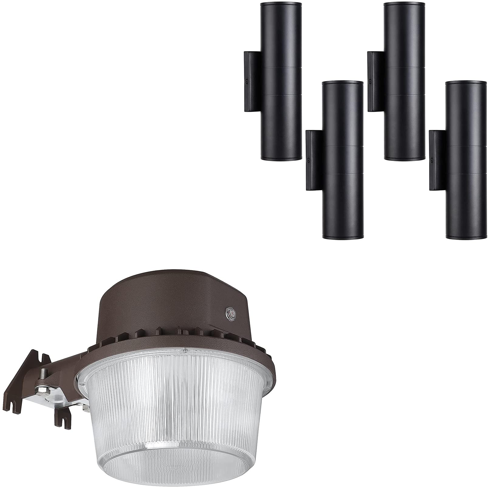 TORCHSTAR 4-Pack LED Barn Lights with Photocell Sensor, 5000K Daylight Outdoor Security Flood Lighting - Dusk to Dawn Area Lights for Porch, Garage & Backyard | LEONLITE Integrated LED Cylinder Up Down Wall Lights, 100V-277V for Patio, Garden & Pathway Illumination
