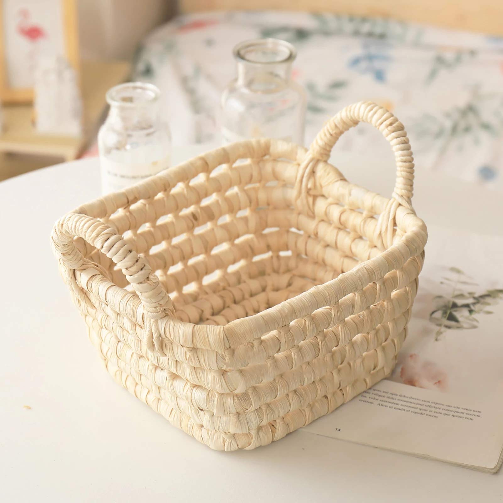 VELIHOME Hand Woven Natural Straw Basket with Handles - Large Storage Basket for Laundry, Flowers, Snacks & Fruits | Perfect for Home Organization, Farmhouse Decor & Gift Giving
