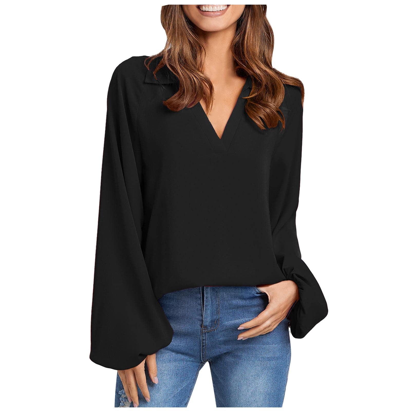 Women's Long Sleeve Chiffon Blouse - V Neck Turn Down Collar Summer Office Tops for Work, Casual Wear & Special Occasions