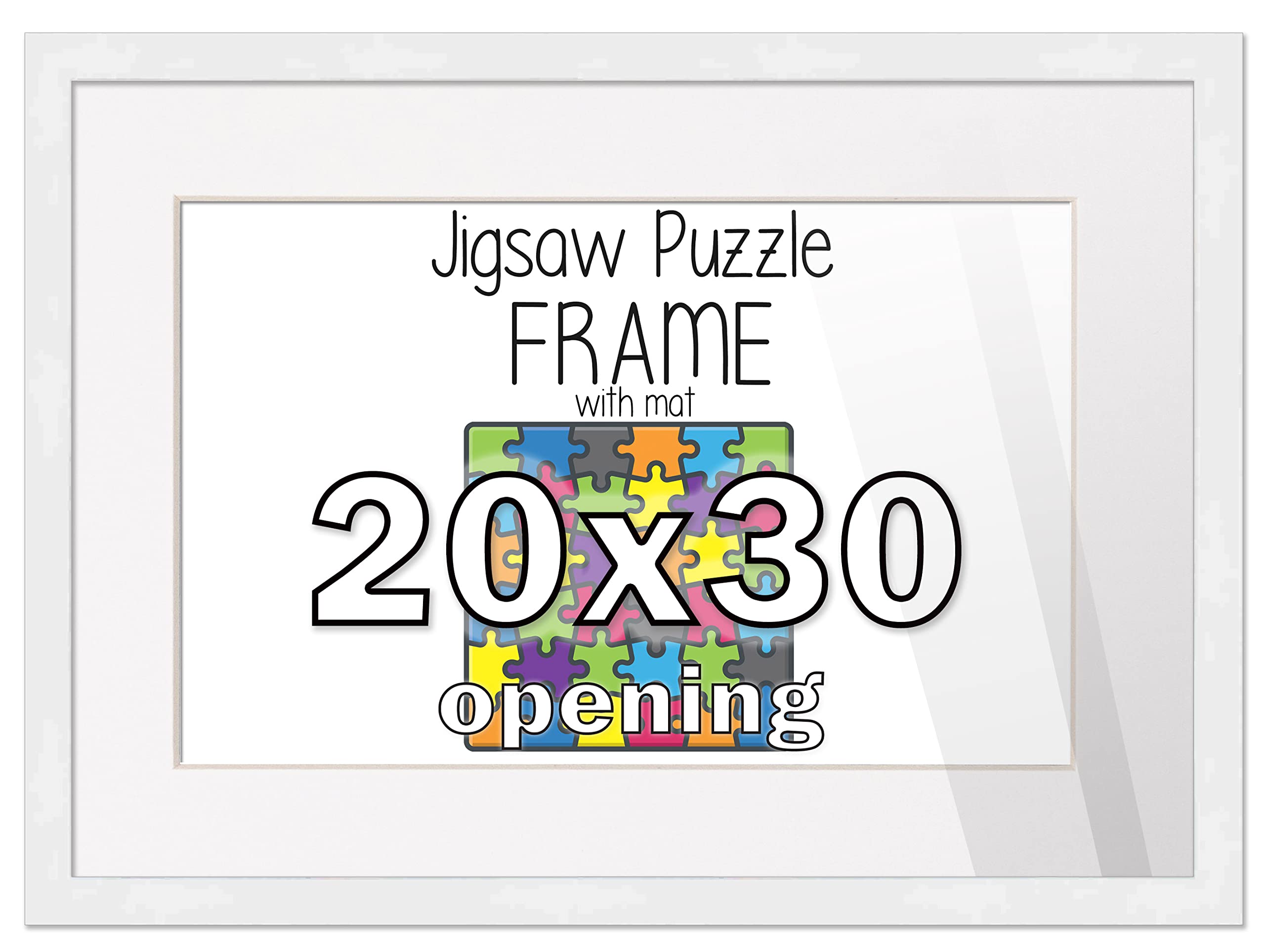 22x32 Inch White Solid Wood Picture Frame with White Mat - Display 20x30 Puzzle | Includes Peel & Stick Puzzle Glue Sheets, Acrylic Plexiglass, Foam Backing & Hanging Hardware | Perfect for Home Decor, Office Display & Puzzle Preservation