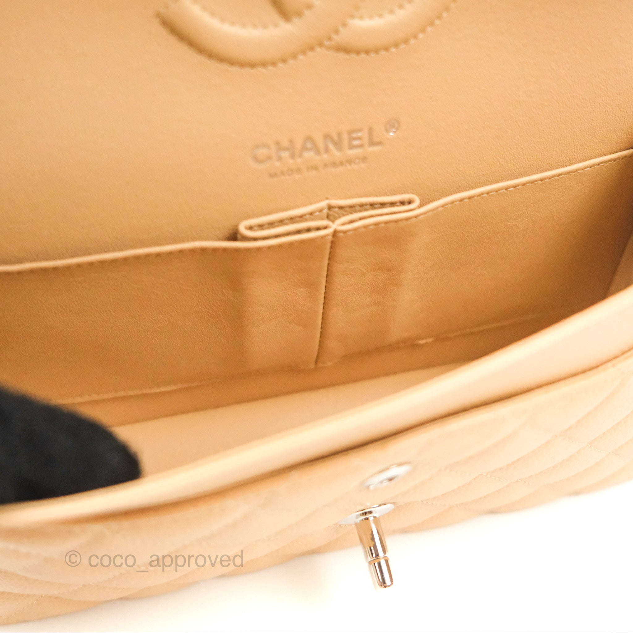 Chanel Classic Medium Double Flap Bag Quilted Beige Caviar Leather with Silver Hardware - Luxury Designer Handbag for Women, Perfect for Work, Evening & Special Occasions