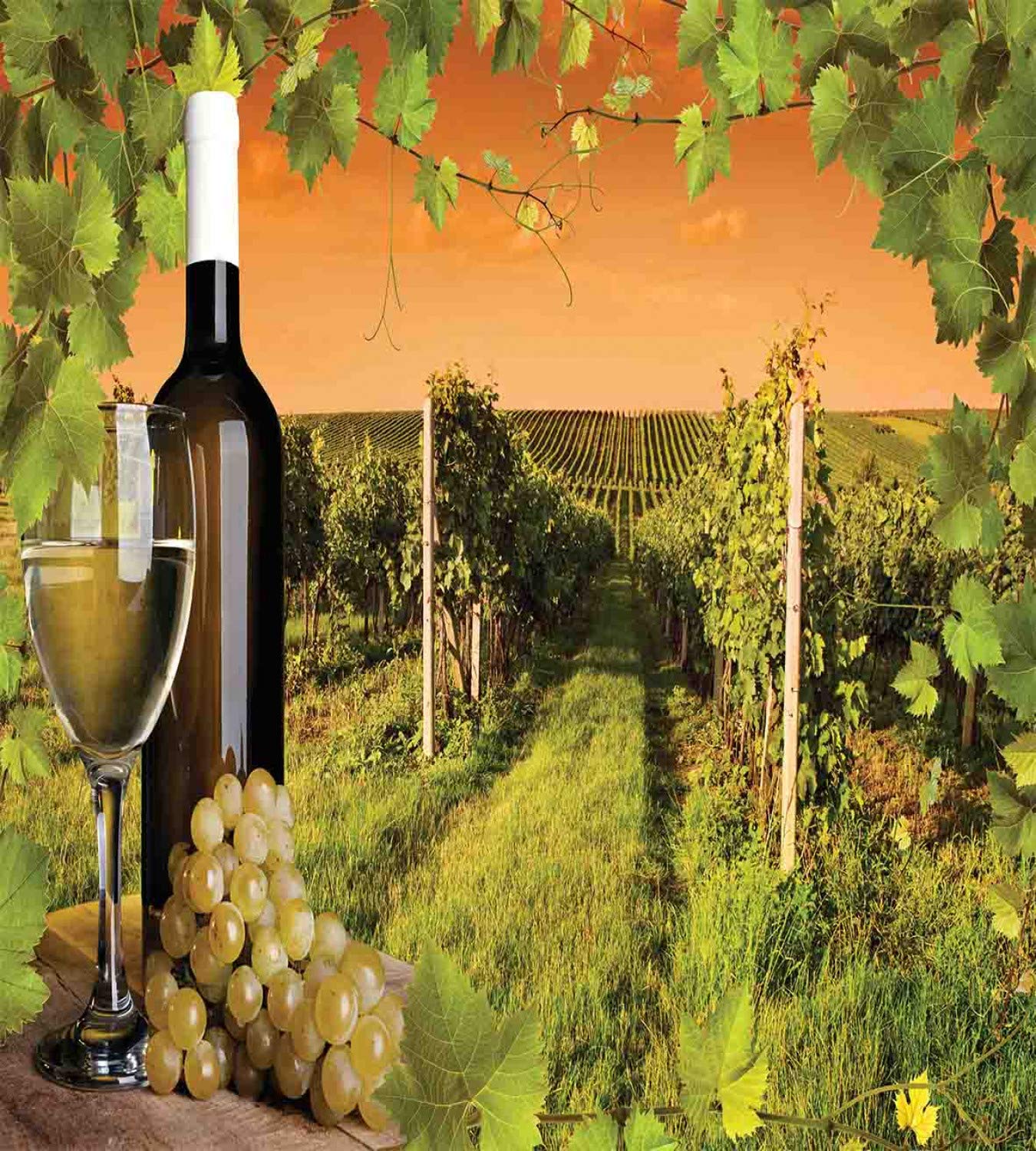 Ambesonne Winery Duvet Cover Set - Wine Bottle & Glass with Sunset Vineyard Countryside Design, Romantic 3-Piece Bedding Set with 2 Pillow Shams, California King Size in Green & Orange - Perfect for Wine Lovers' Bedrooms & Vineyard-Themed Home Decor