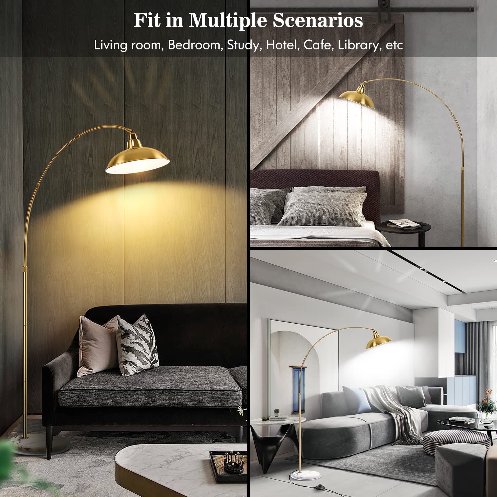 Gold Brass Arc Floor Lamp - Mid Century Modern Standing Lamp with White Marble Base | Overhanging Arch Design for Living Room, Bedroom & Study | Adjustable Reading Light & Ambient Lighting
