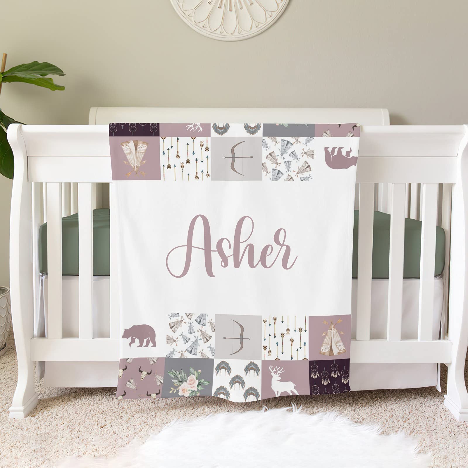 Personalized Deer Faux Patchwork Quilt - Custom Name Baby Blanket for Newborns, Girls & Boys - 30x40 Inch Swaddle Blanket Gift for Crib & Nursery - Perfect for Baby Showers, Christenings & First Birthdays