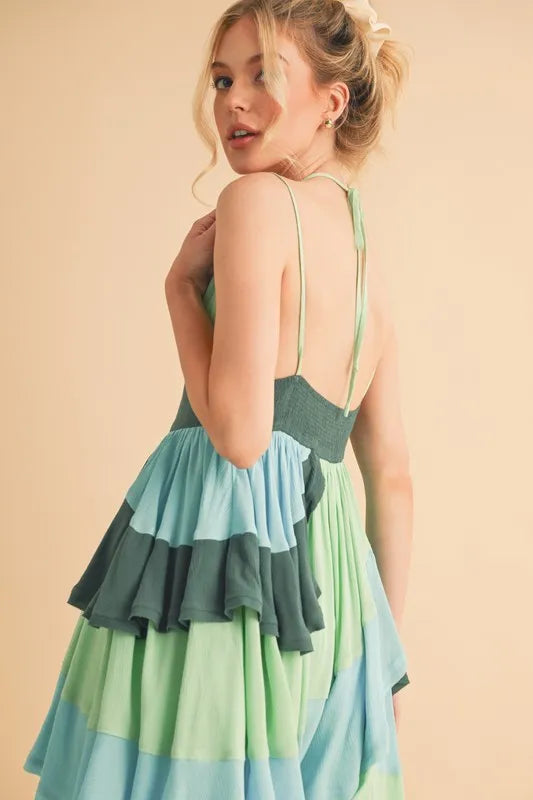 Stylish Green Ruffled Sleeveless Mini Dress for Women - Perfect for Beach Vacation, Summer Party & Resort Wear