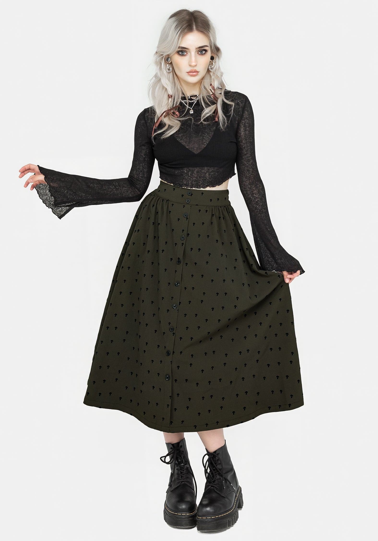 Chanterelle Velour Button Front Midi Skirt - Women's Elegant Velvet Skirt with Front Buttons for Fall & Winter - Perfect for Office, Party, and Holiday Outfits