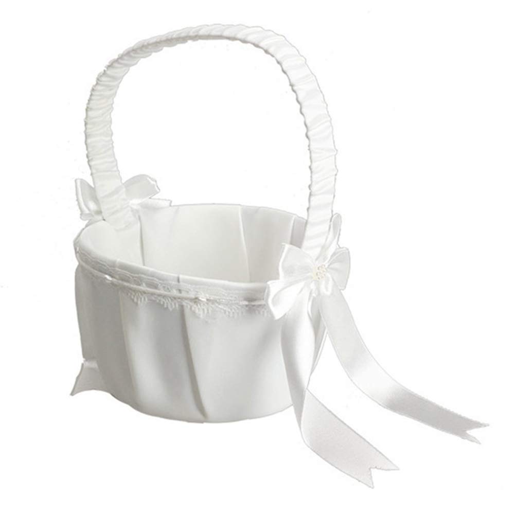 BERTERI White Satin Flower Girl Basket - Elegant Wedding Ceremony Decoration, Bridal Accessory & Flower Container for Girls (Perfect for Wedding Aisle, Flower Petal Scattering & Bridal Party Photos)