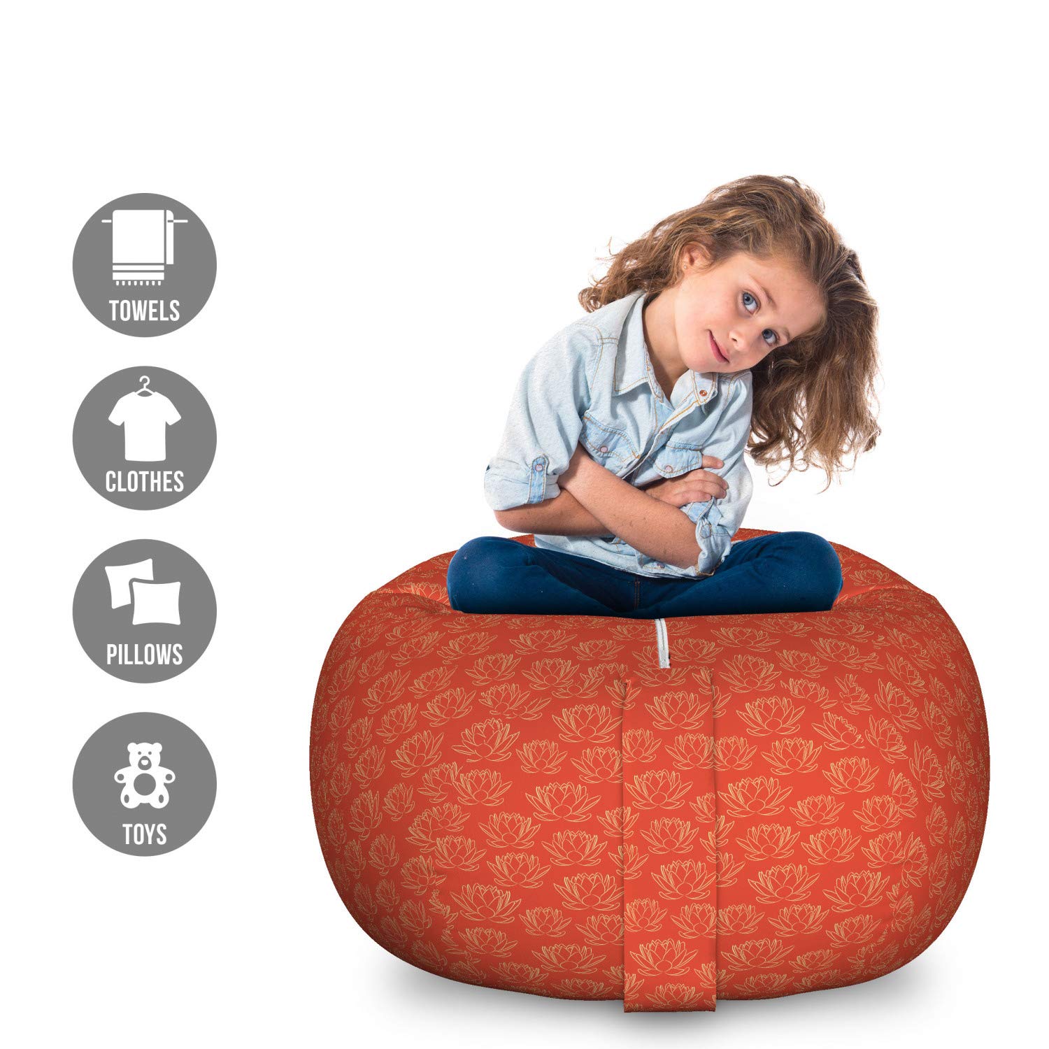 Ambesonne Japanese-Inspired Toy Storage Bag Chair - Large Washable Organizer with Lotus Flower Yoga Design in Vermilion & Cream | Perfect for Kids' Room, Playroom & Zen Decor