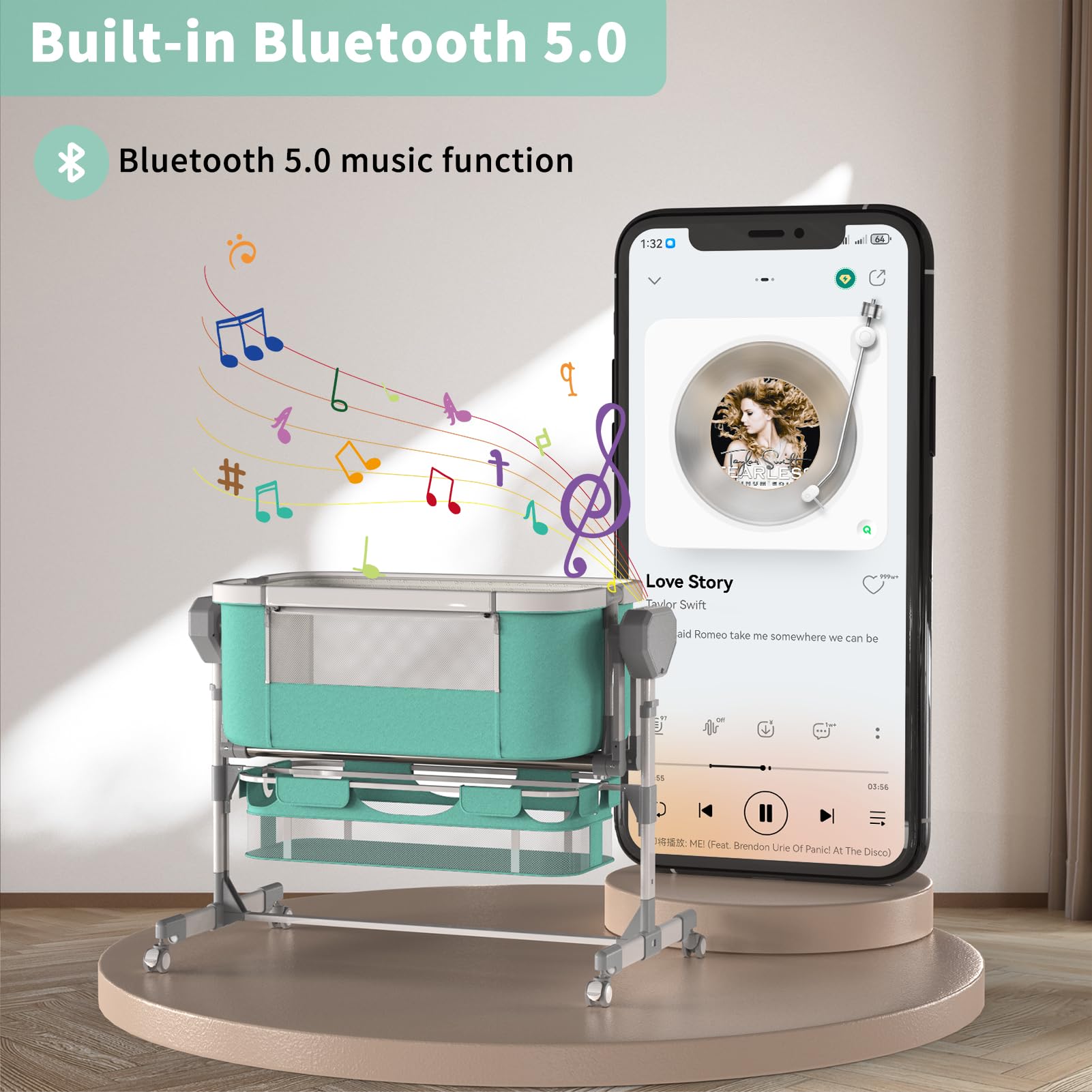 Electric Rocking Bassinet for Babies - Bluetooth Enabled Auto Swing Baby Crib with 6 Height Adjustments & 5 Speed Settings, Portable Wheels for Nursery & Bedside Sleeping - Perfect for Newborns & Infants (Ideal for Nighttime Soothing & Daytime Napping)