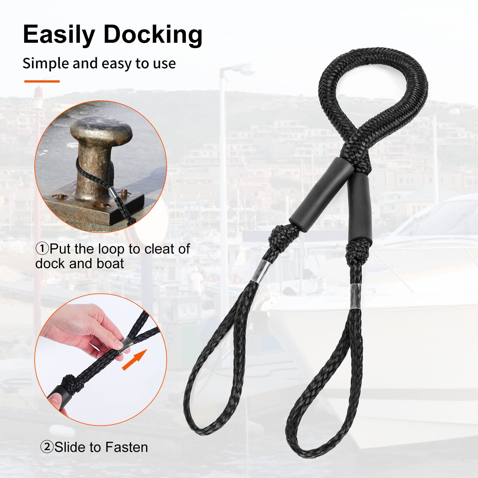 4 Feet Bungee Dock Lines with Shock Absorbing Cords - Heavy Duty Mooring Rope for Boats, PWCs, Jet Skis, Pontoons, Kayaks & Canoes - Perfect for Secure Docking in Rough Waters & Marina Use