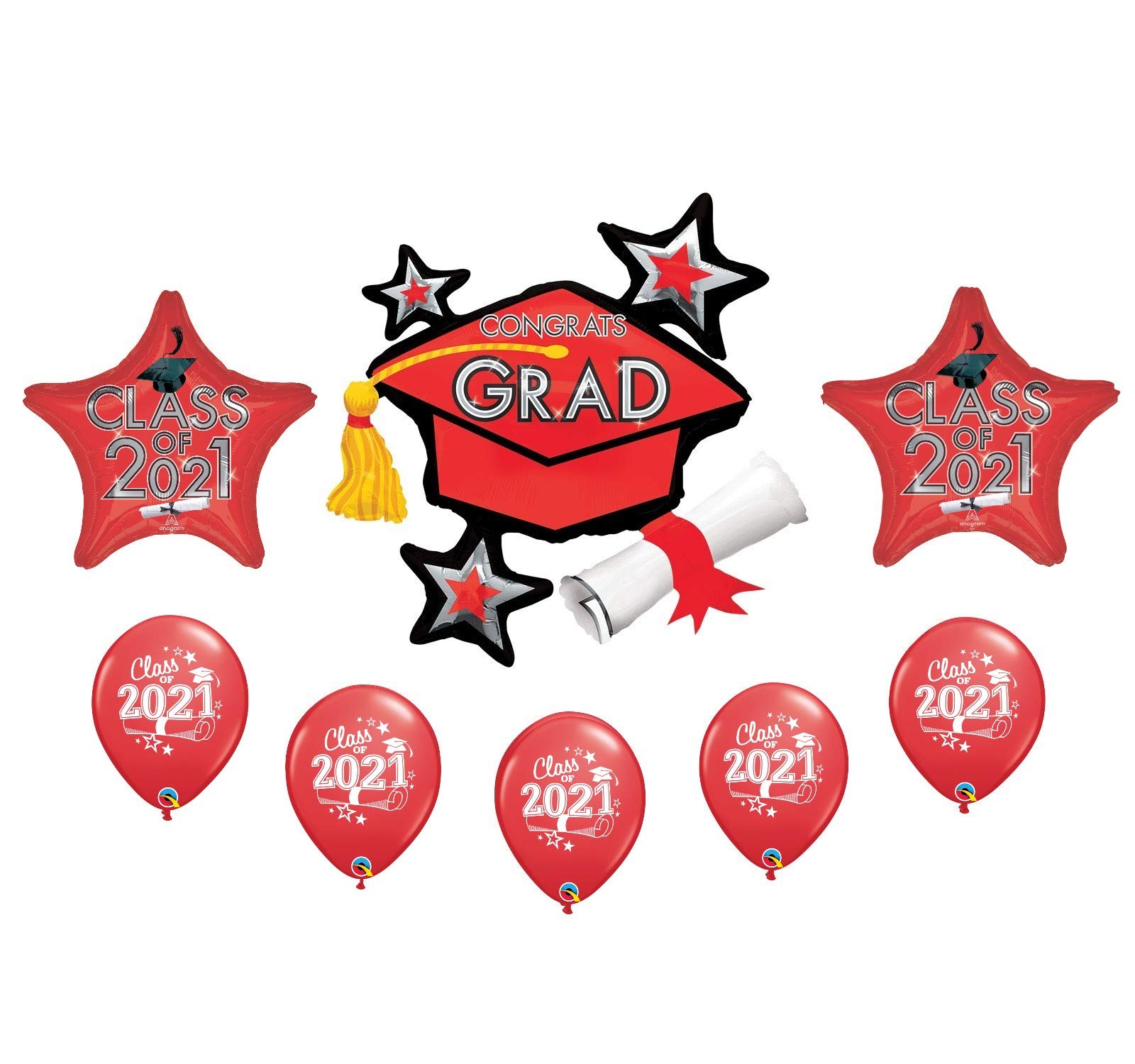 2021 Graduation Cap Hat & Diploma 8-Piece Mylar Latex Balloon Set (Red) - Perfect for Graduation Parties, School Celebrations & Photo Backdrops