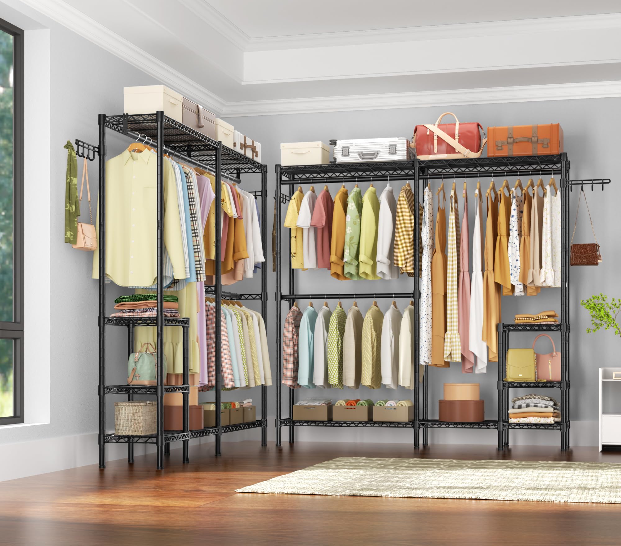 Heavy Duty Metal Clothes Rack - 4 Tier Adjustable Garment Rack with 3 Hanger Rods & 2 Hooks, 800lbs Capacity Freestanding Wardrobe System for Bedroom, Closet Organization & Laundry Room Storage