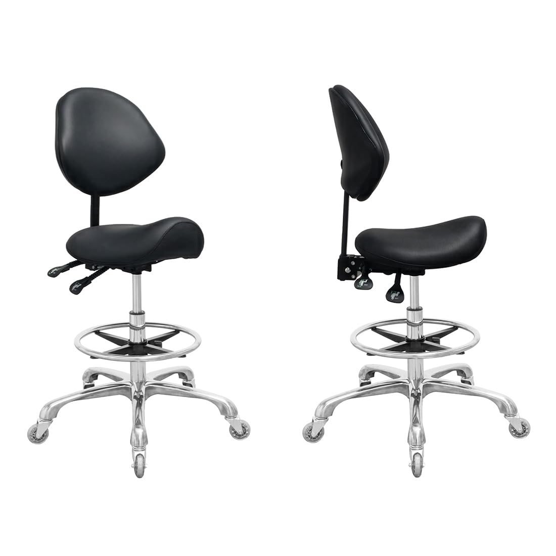 Heavy-Duty Hydraulic Adjustable Saddle Stool with Back Support & Footrest - 350LBS Capacity, Swivel Rolling Chair for Salon, Spa, Massage, Dental Clinic, Home & Office Use (Black) - Perfect for Hair Stylists, Therapists & Long Work Sessions