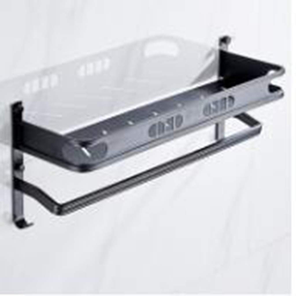Stainless Steel Double Layer Towel Rack - 19.7 Inch Bathroom Shelf with Hanging Hooks for Kitchen, Bathroom & Laundry Organization - Space Saving Durable Bath Hardware (Black)