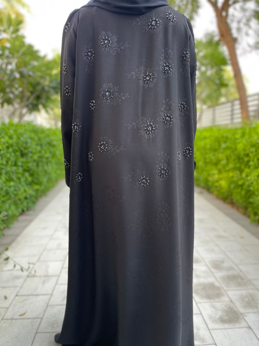 Elegant Black Open Abaya with Floral Embossed Design & Handcrafted Beading - Perfect for Muslim Women's Prayer, Eid Celebrations & Special Occasions
