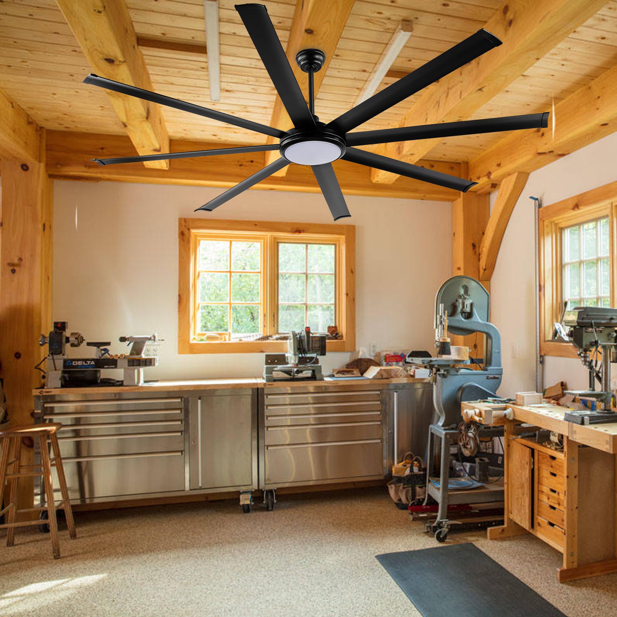 96 Inch Industrial DC Ceiling Fan with Lights & Remote - Matte Black 8-Blade Aluminum Fan, 6-Speed Reversible Motor for Home, Office & Warehouse - Energy Efficient Cooling for Large Spaces