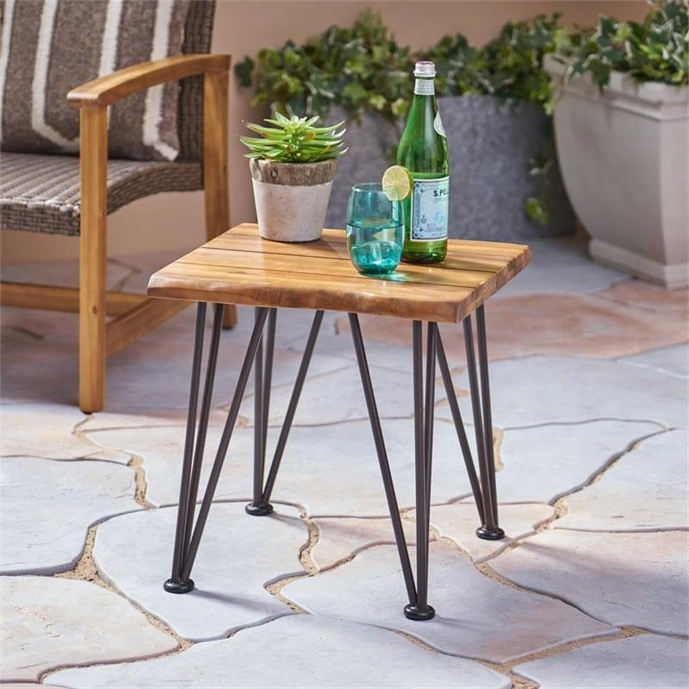 Noble House Zion Iron and Acacia Wood Outdoor Side Table - Natural Finish Patio End Table for Garden, Poolside & Deck Decor