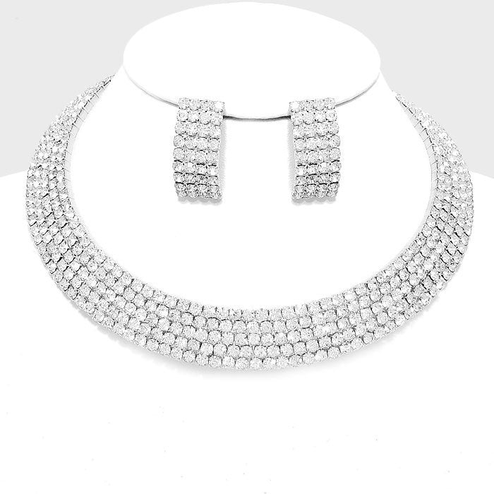 5-Row Sparkling Crystal Rhinestone Choker & Earrings Set | Elegant Jewelry for Women | Perfect for Parties, Weddings & Special Occasions