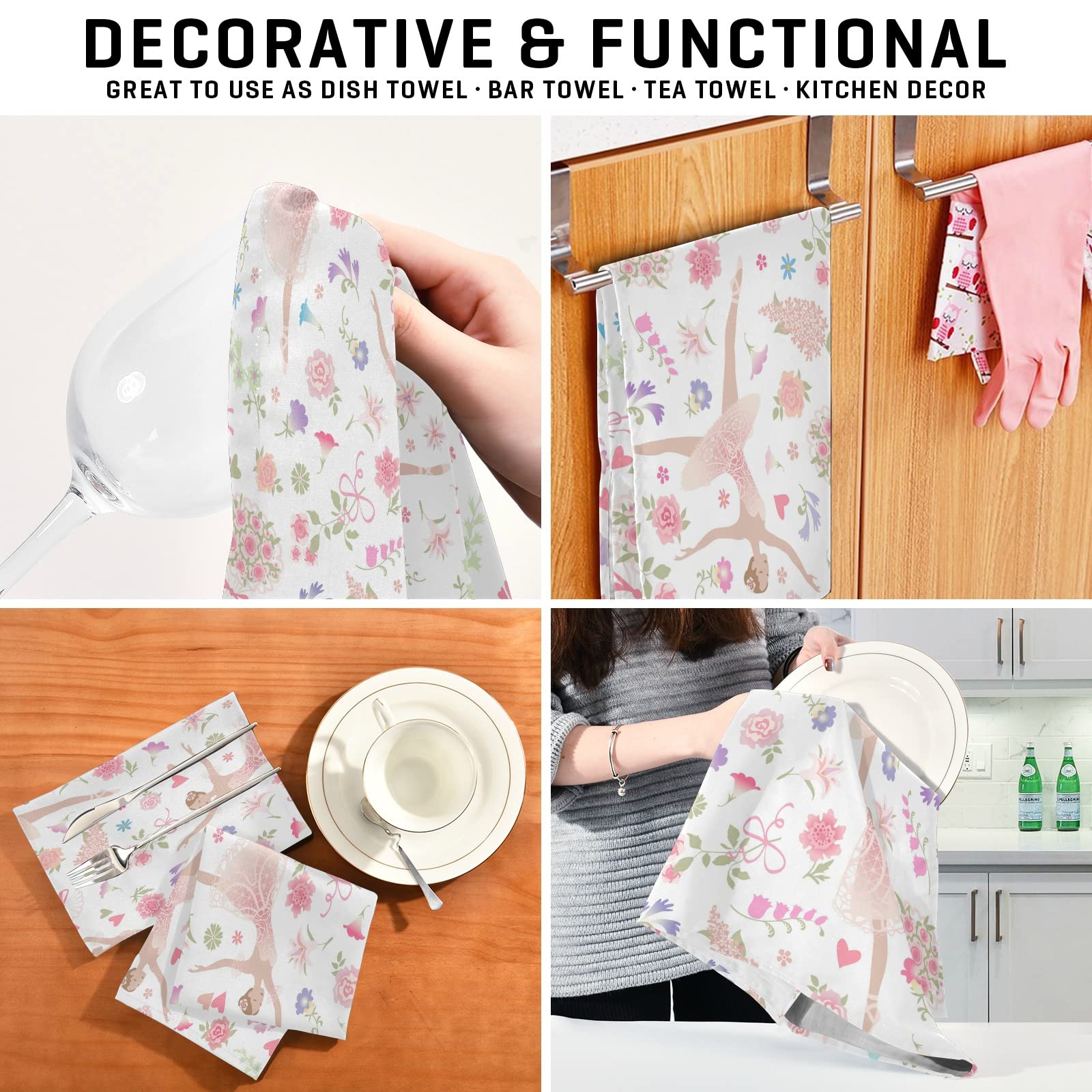 ALAZA 4-Pack Super Absorbent Soft Kitchen Towels - 18 x 28 Inch Dish Cloths, Tea Towels with Dancing Ballerina & Heart Floral Design | Perfect for Kitchen, Bar, Dish Drying & Home Decor