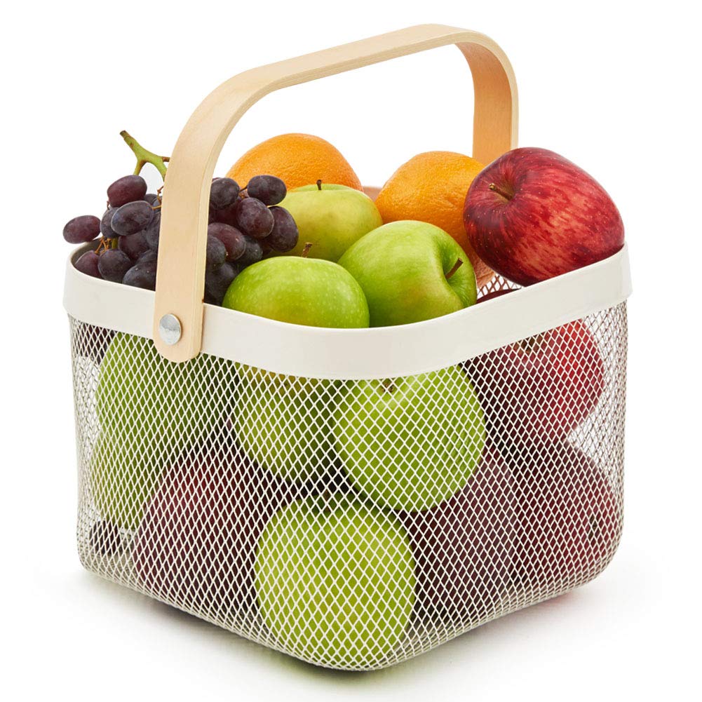 EZOWare Metal Mesh Steel Baskets with Wood Handle - Kitchen, Bathroom & Pantry Storage Organizer for Fruits, Vegetables - Perfect for Home Organization, Garden Harvesting & Outdoor Picnics (White, 1 Pack)