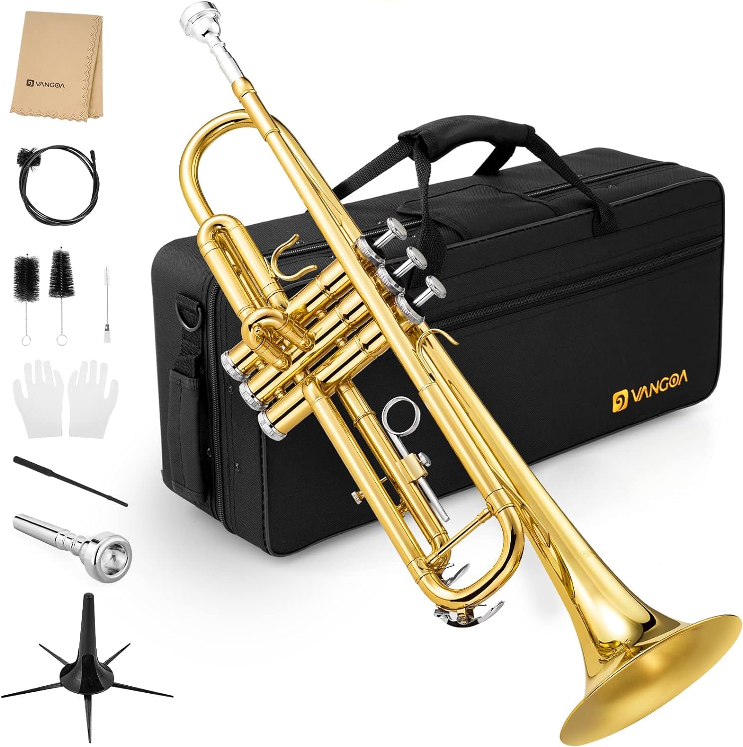 Vangoa Bb Trumpet Brass Standard Gold Beginner Trumpet for Students & Adults - Includes Hard Case, Stand, Cleaning Kit, White Gloves, Valve Oil & 7C Mouthpiece - Perfect for School Band, Orchestra & Music Practice