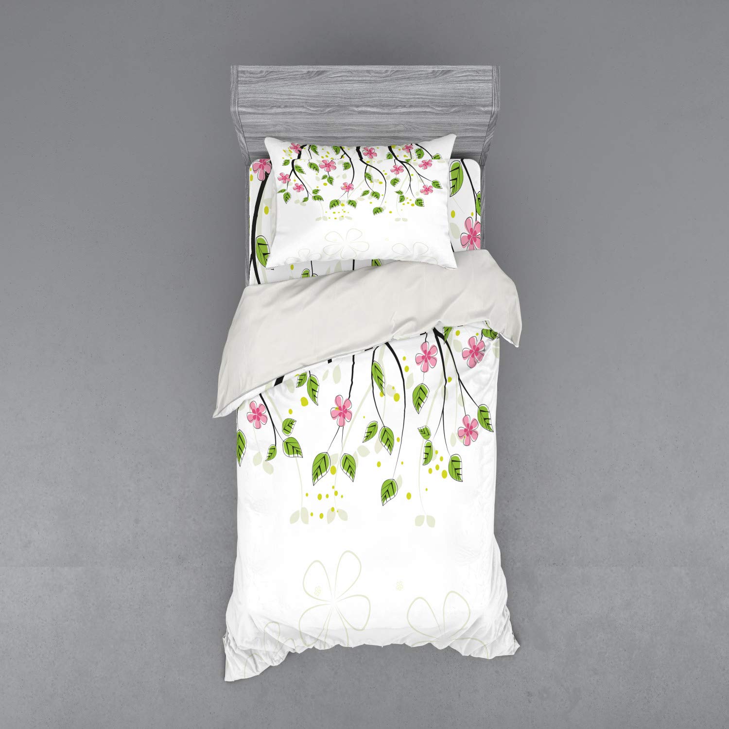 Ambesonne Floral Duvet Cover Set - Twin Size 3 Piece Bedding with Sham & Fitted Sheet, Pink Green Branch with Flowers Leaves Cartoon Illustration, Happy Childhood Summer Nature Art - Perfect for Kids' Bedrooms, Guest Rooms & Cozy Summer Decor