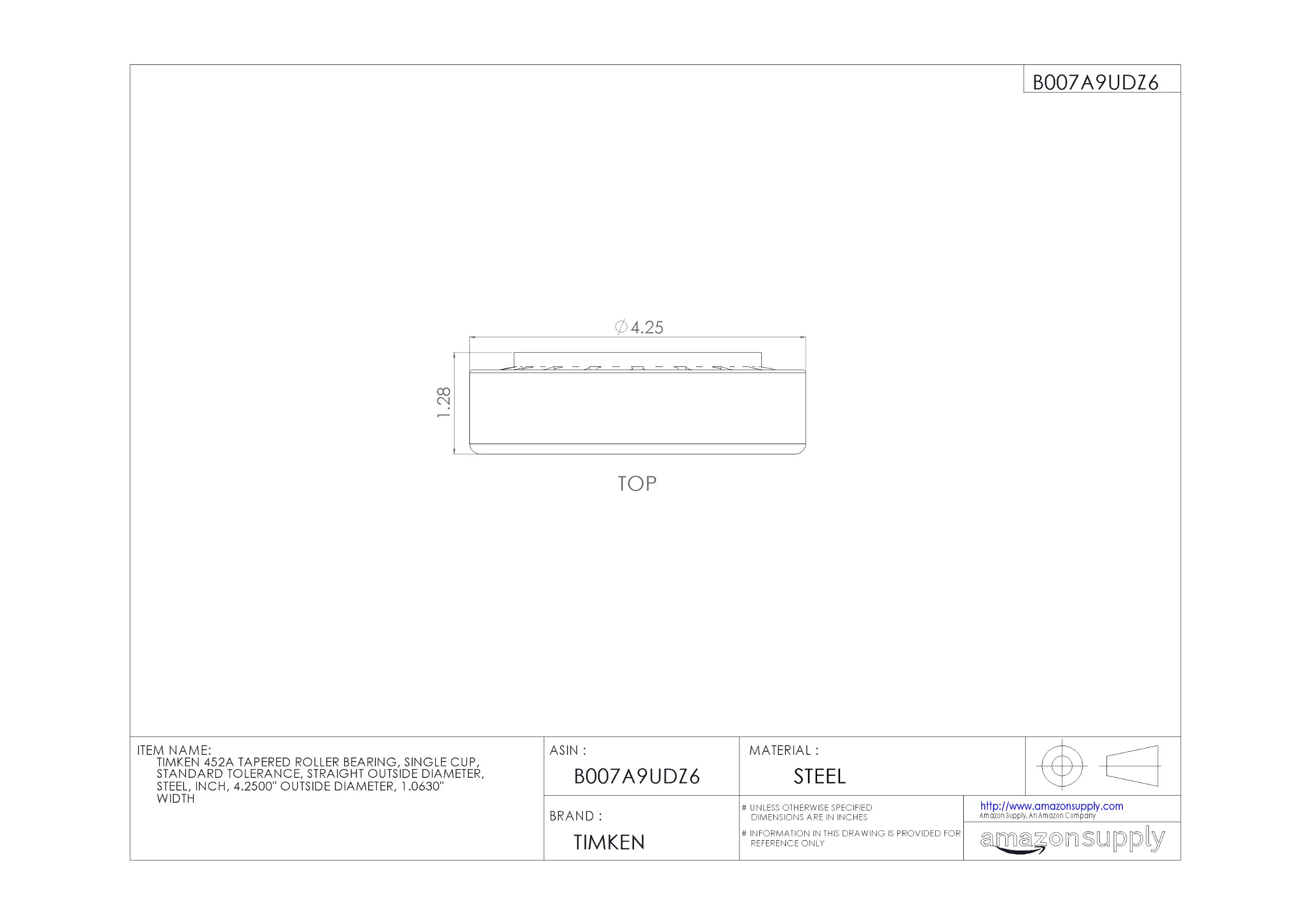 Timken 452A Tapered Roller Bearing - Single Cup, Standard Tolerance, Steel Construction, 4.25