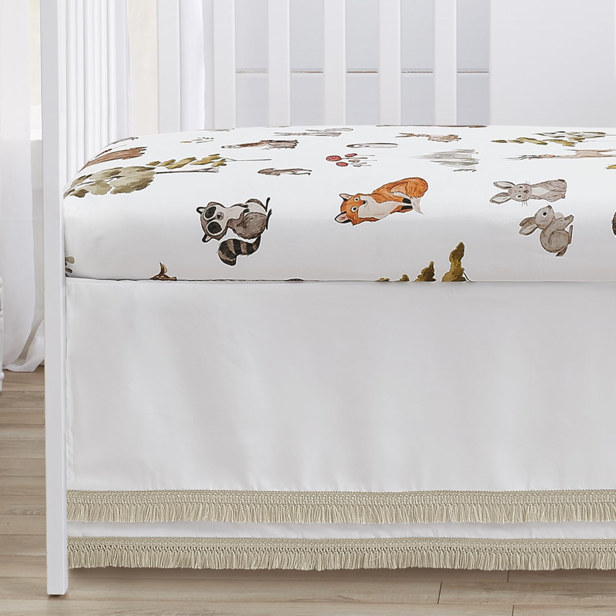 Sweet Jojo Designs 4-Piece Baby Crib Bedding Set - Woodland Animals Nursery Set for Boys & Girls (Blanket, Fitted Sheet, Skirt, Diaper Stacker) | Neutral Forest Theme with Bear & Hedgehog | Perfect for Newborn Nursery Decor & Baby Shower Gifts