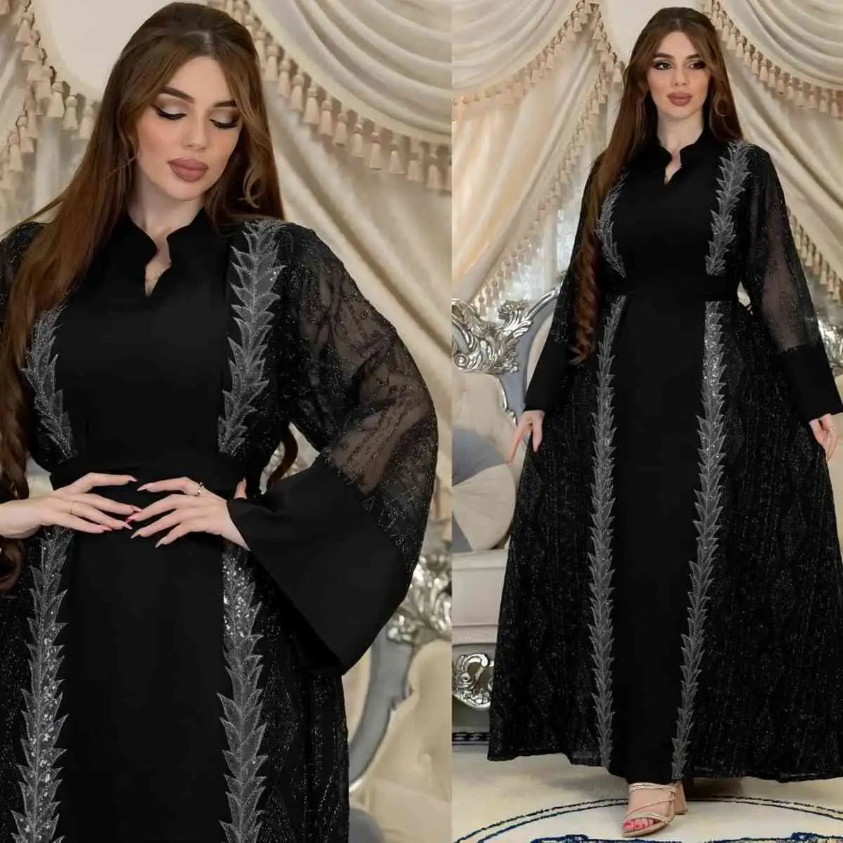 Elegant Eid Dress for Women - Embroidered Sequins Muslim Jalabiya Caftan Kaftan Dress | Perfect for Eid Celebrations, Weddings & Special Occasions
