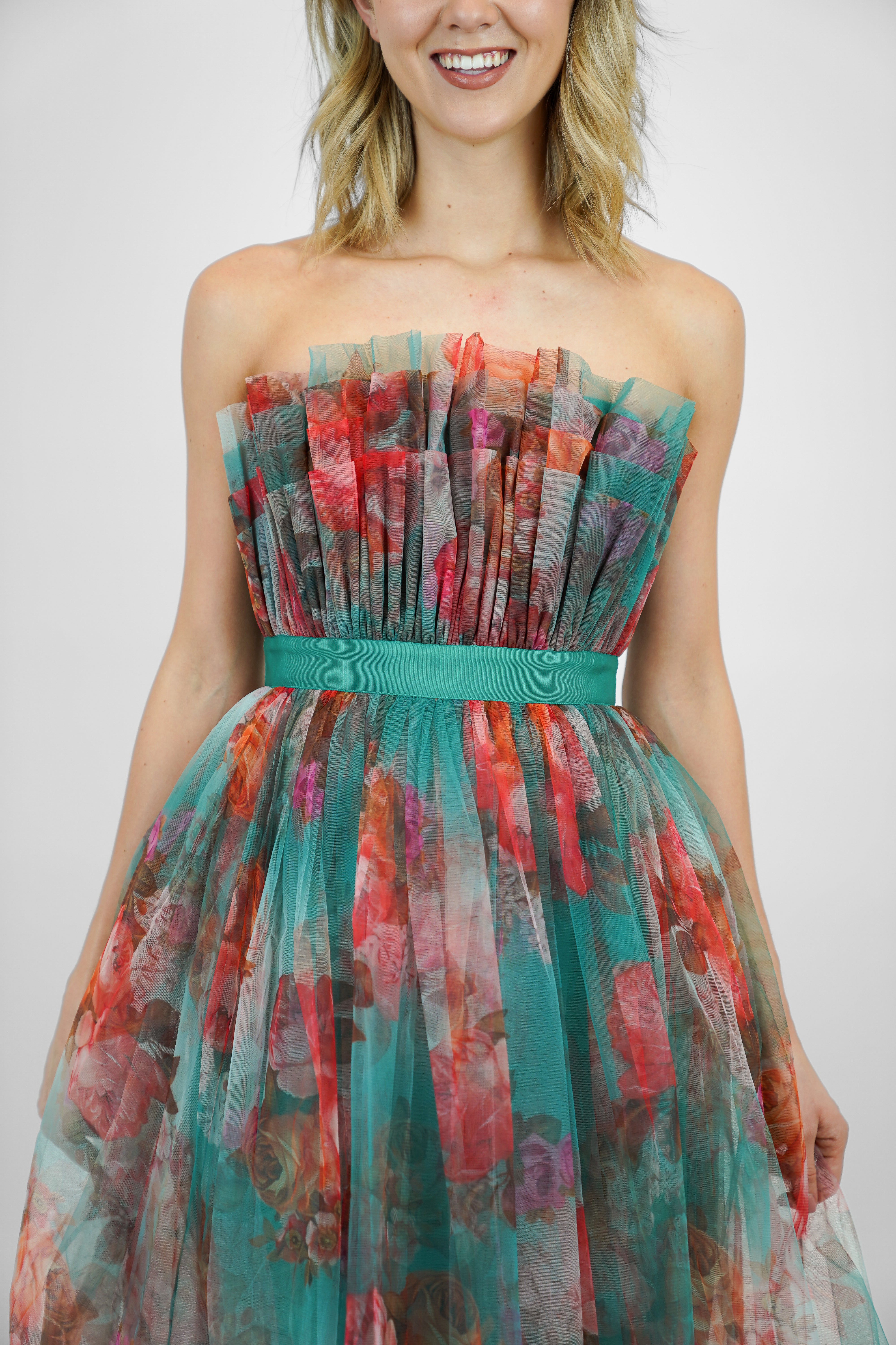 Verity Green Floral Print Tulle Midi Dress - Elegant Spring Wedding Guest Dress for Women