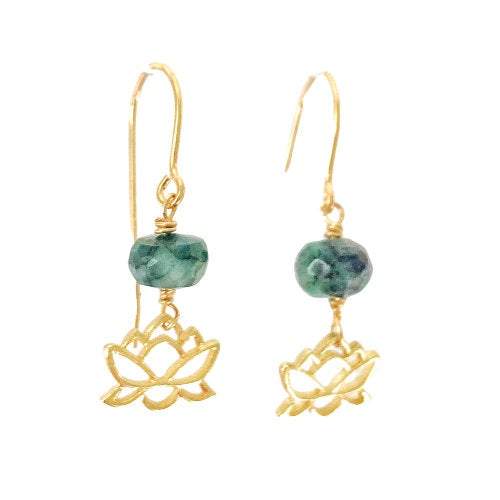 Emerald Lotus Drop Earrings - 14k Gold Filled Dangle Earrings for Women | Perfect for Weddings, Parties & Special Occasions
