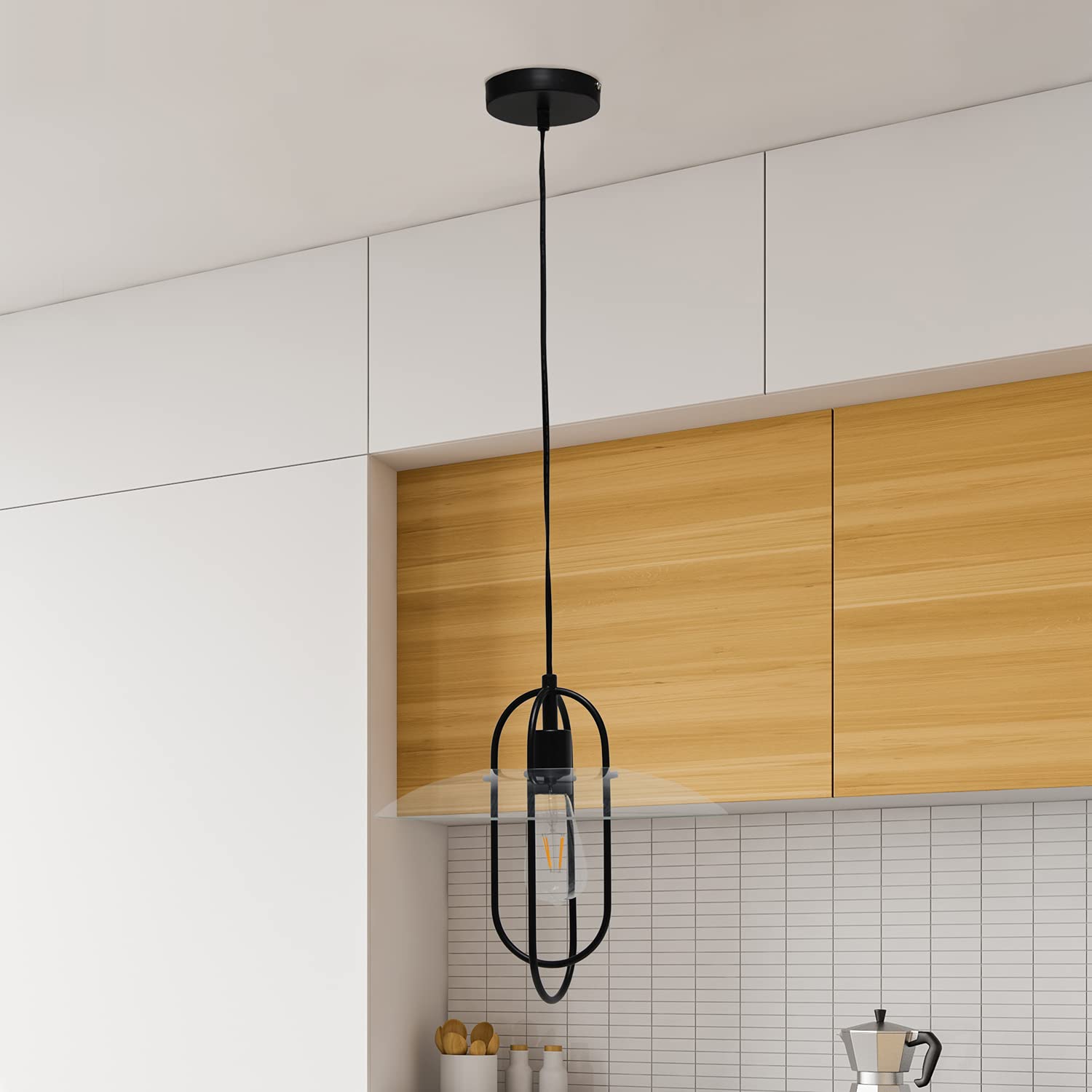 Black Metal Pendant Light with Clear Glass Shade - Elongated Single Bulb Design for Kitchen Island, Dining Room & Modern Home Decor