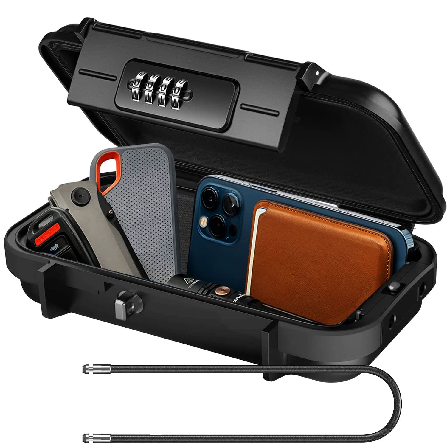 XXL Large Security Lock Box - Outdoor Waterproof & Shockproof Travel Safe with Removable Wire Rope - 4-Digit Combination Safe Box for Dorm, Travel, Beach, Hotel, Car, Home & Office - Perfect for Securing Valuables During Outdoor Adventures & Travel